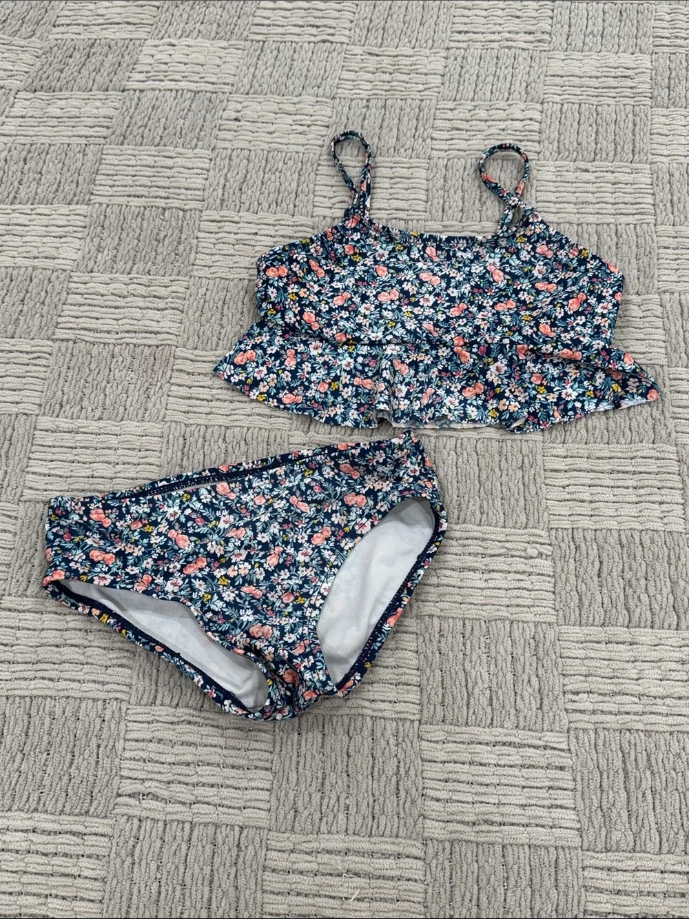 Oshkosh Floral Ruffle Two-Piece Swimsuit - Navy with Pink & White Flowers